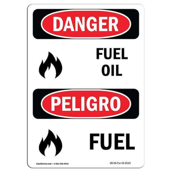 Safety Sign, OSHA Danger, 5" Height, Fuel, Bilingual Spanish, 10PK